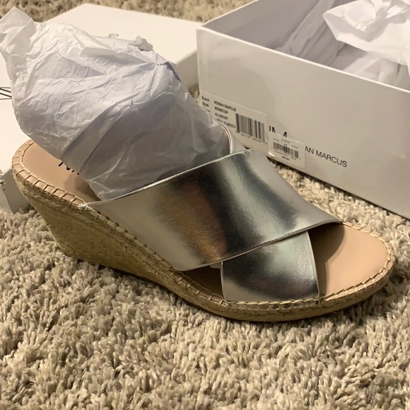 Neiman Marcus Silver Espadrille Wedge Sandals Crossover Straps - Picture 6 of 6